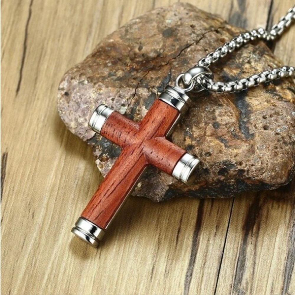 Mens Cross Pendant Necklace in Rosewood and Stainless Steel Crucifix 24 inch - Picture 5 of 5